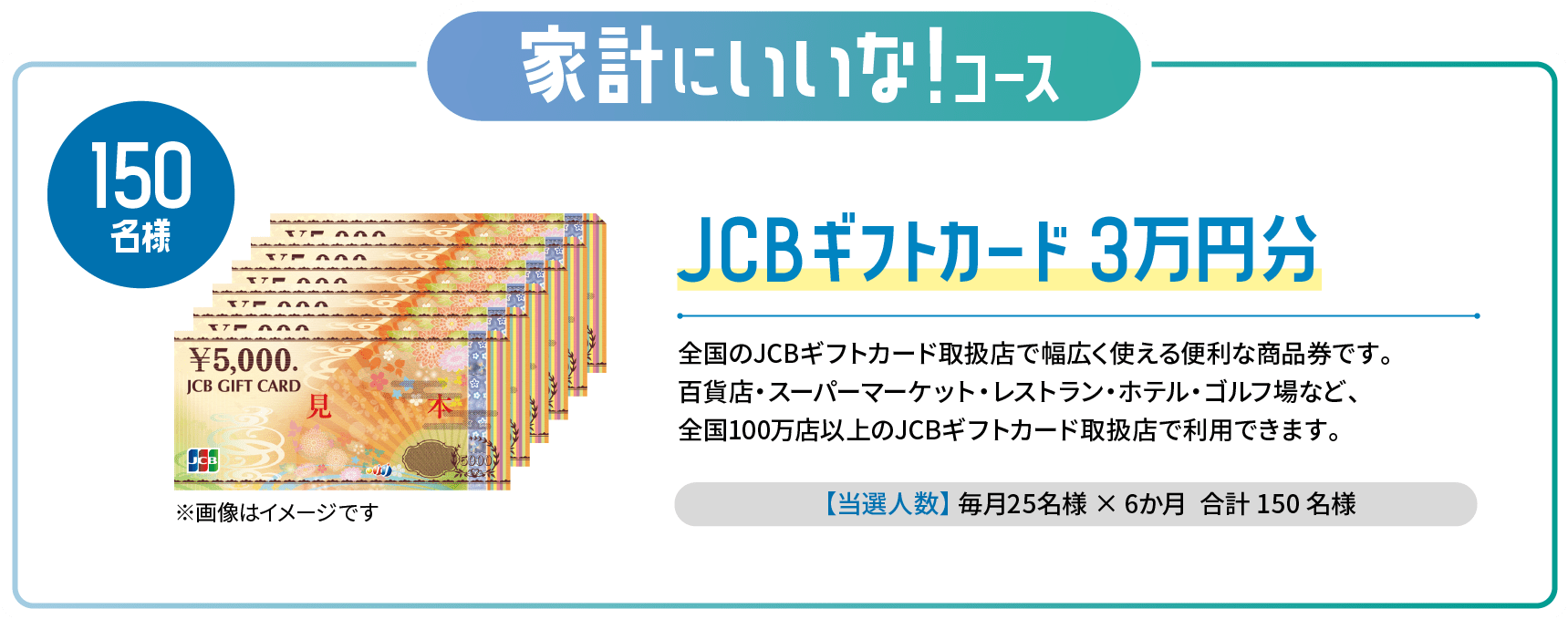 家計にいいな！コース JCBギフトカード 3万円分 全国のJCBギフトカード取扱店で幅広く使える便利な商品券です。百貨店・スーパーマーケット・レストラン・ホテル・ゴルフ場など、全国100万店以上のJCBギフトカード取扱店で利用できます。【当選人数】毎月25名様×6か月 合計150名様